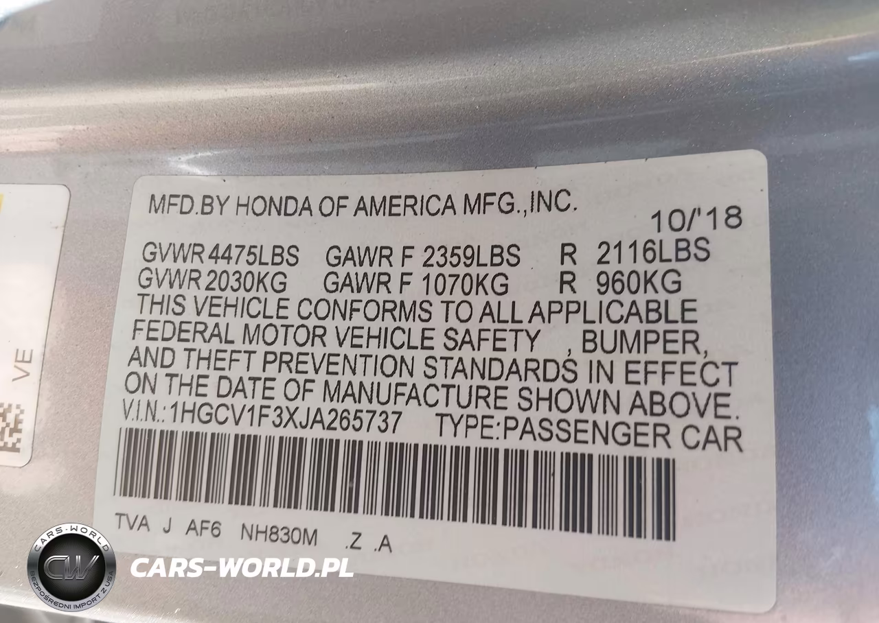 2018 Honda Accord Sport VIN:1HGCV1F3XJA265737 - 9