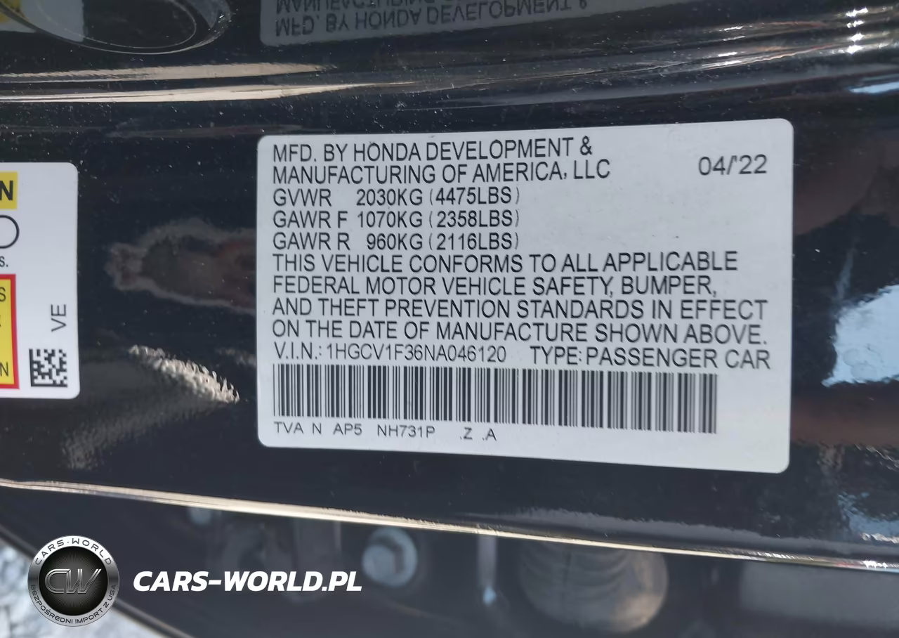 2022 Honda Accord Sport VIN:1HGCV1F36NA046120 - 9