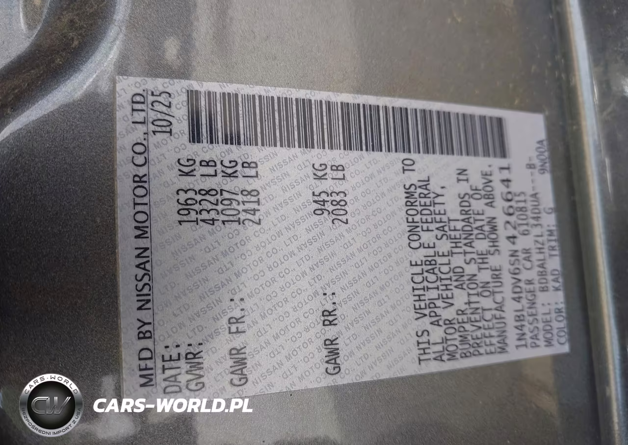 2025 Nissan Altima Sv Fwd VIN:1N4BL4DV6SN426641 - 9