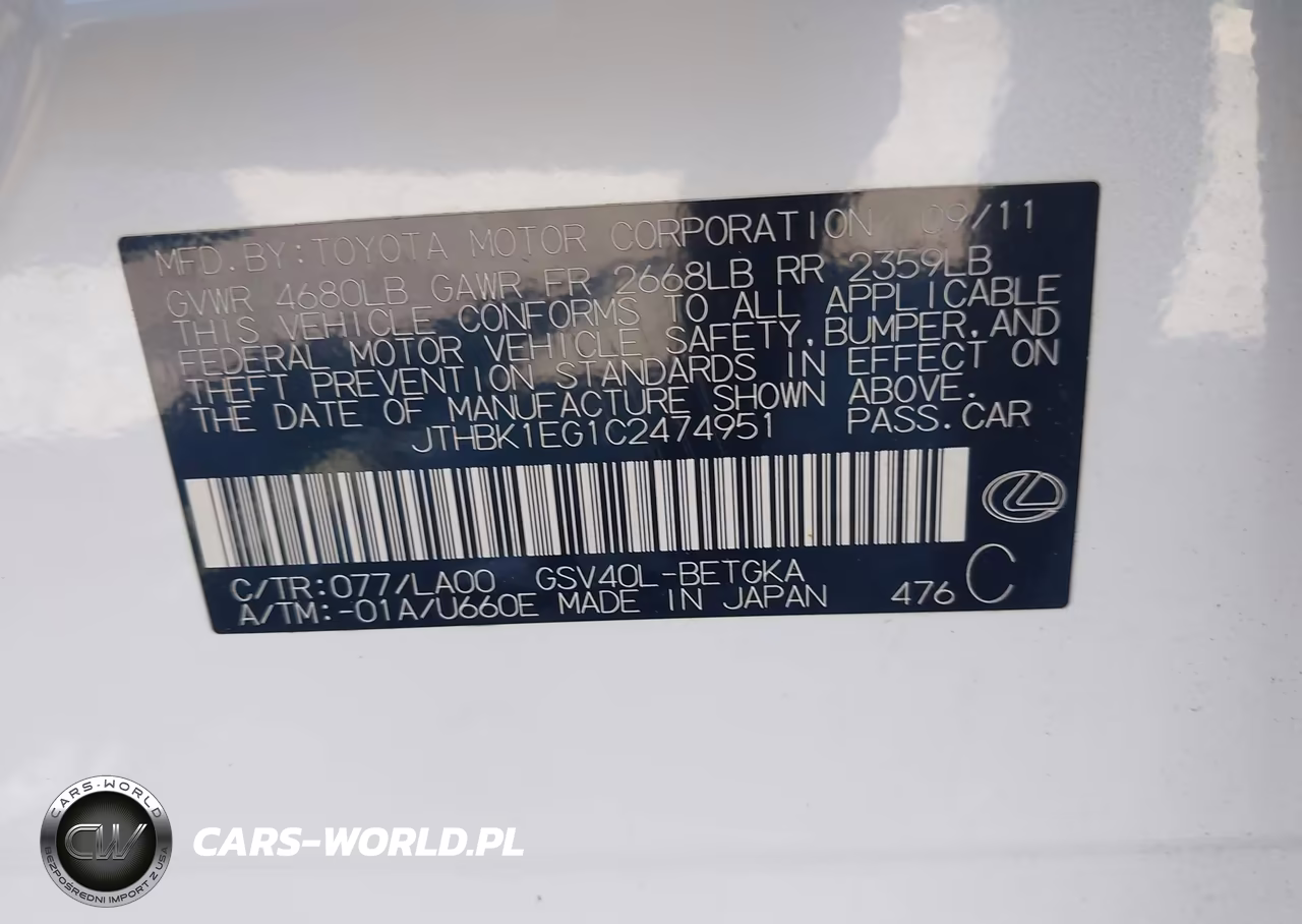 2012 Lexus Es 350 VIN:JTHBK1EG1C2474951 - 9
