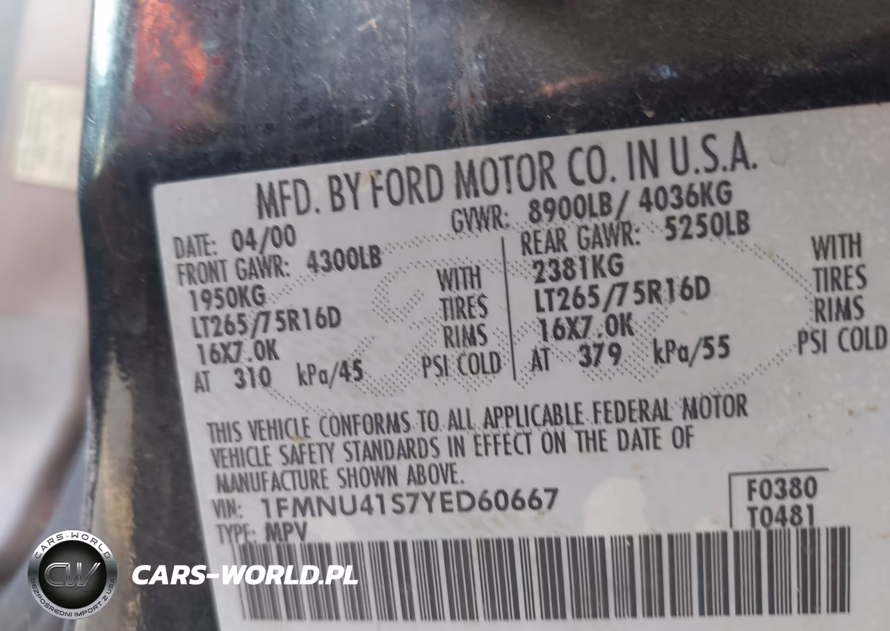 2000 Ford Excursion Xlt VIN:1FMNU41S7YED60667 - 9