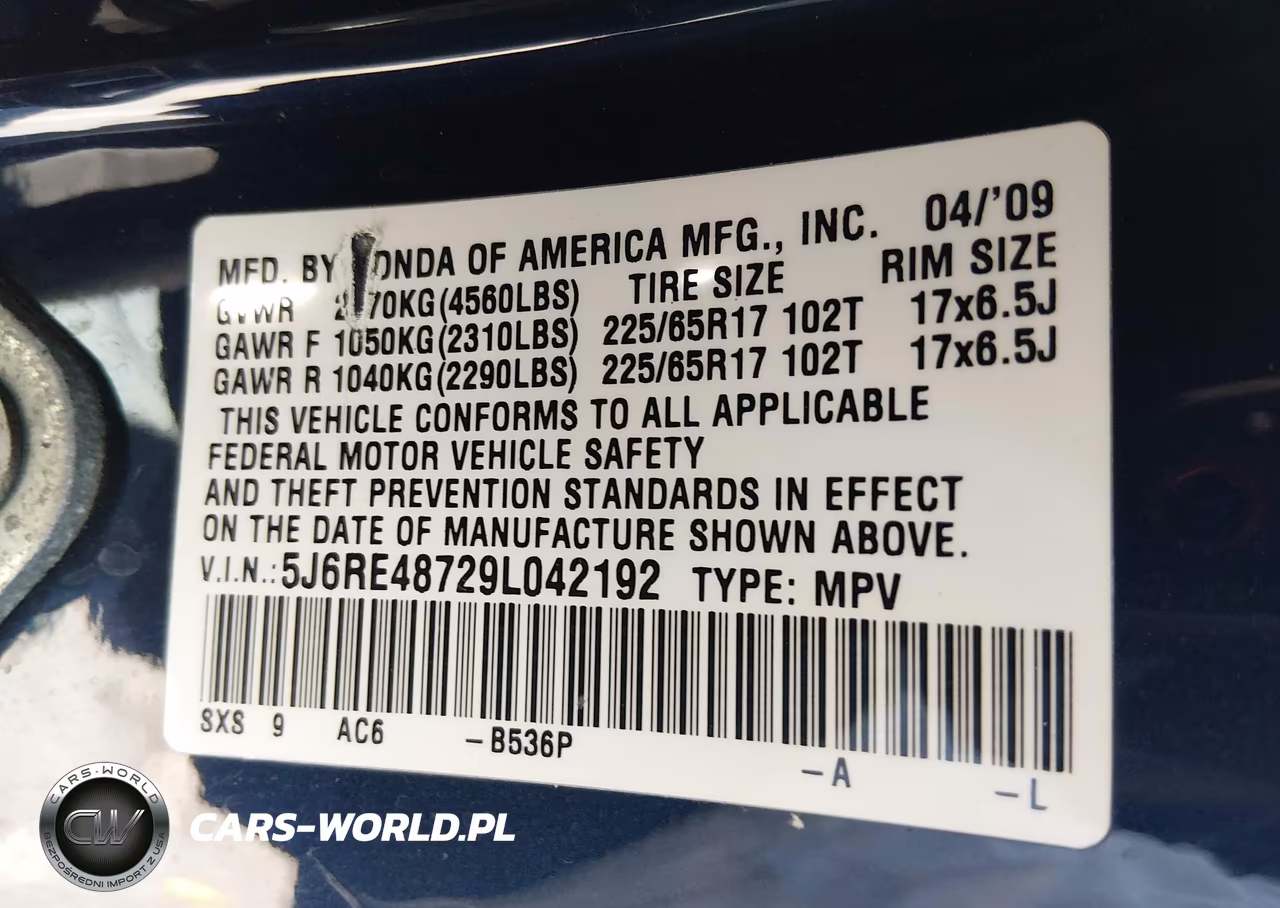 2009 Honda Cr-V Ex-L VIN:5J6RE48729L042192 - 9