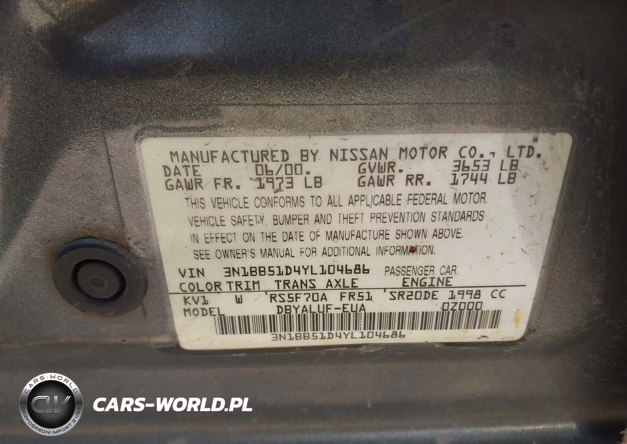 2000 Nissan Sentra Se VIN:3N1BB51D4YL104686 - 9