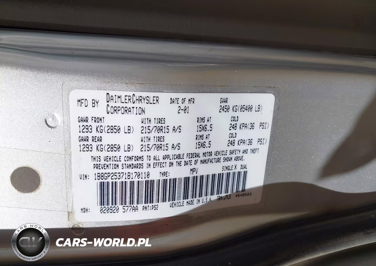 2001 Dodge Caravan Se VIN:1B8GP25371B170110 - 9