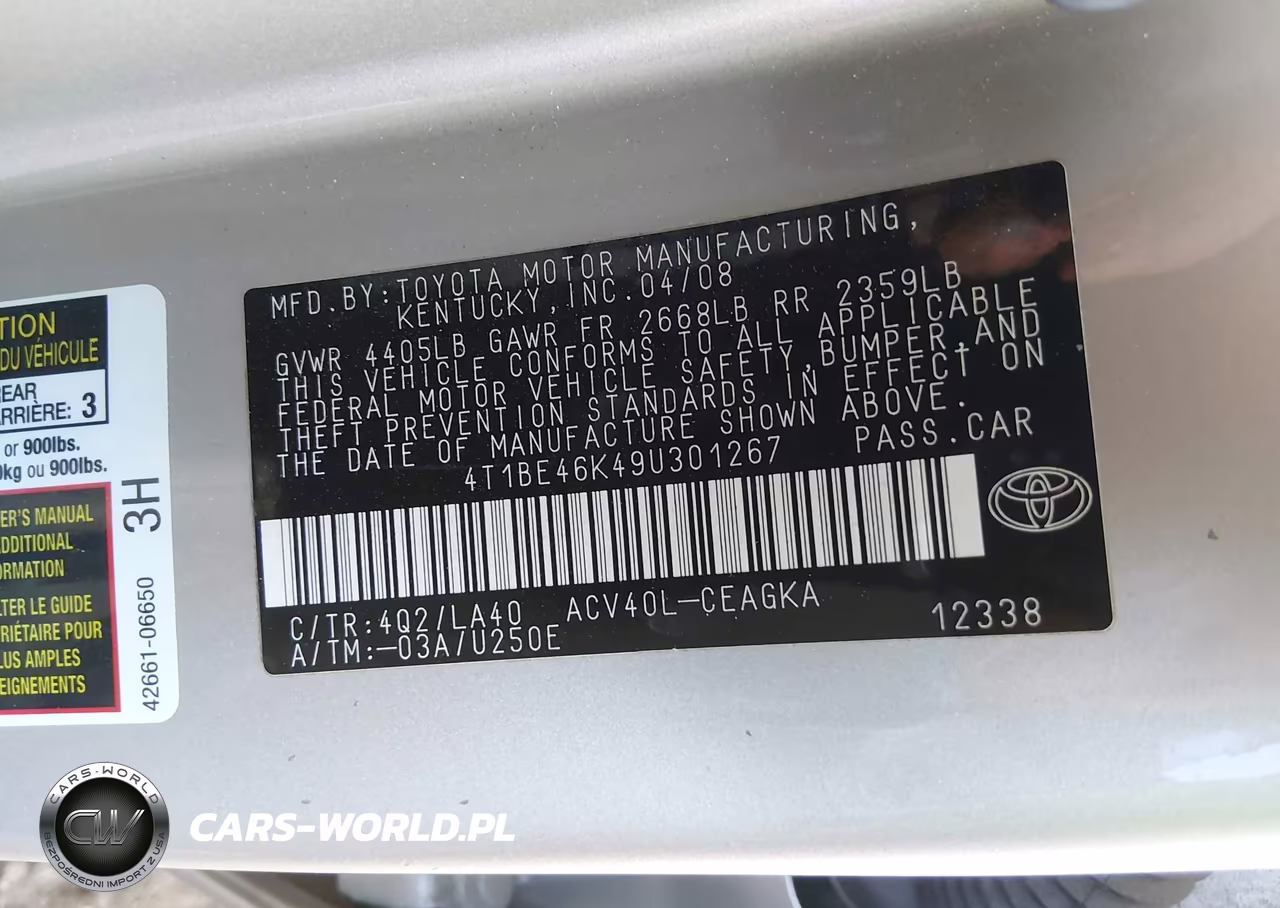 2009 Toyota Camry Xle VIN:4T1BE46K49U301267 - 9