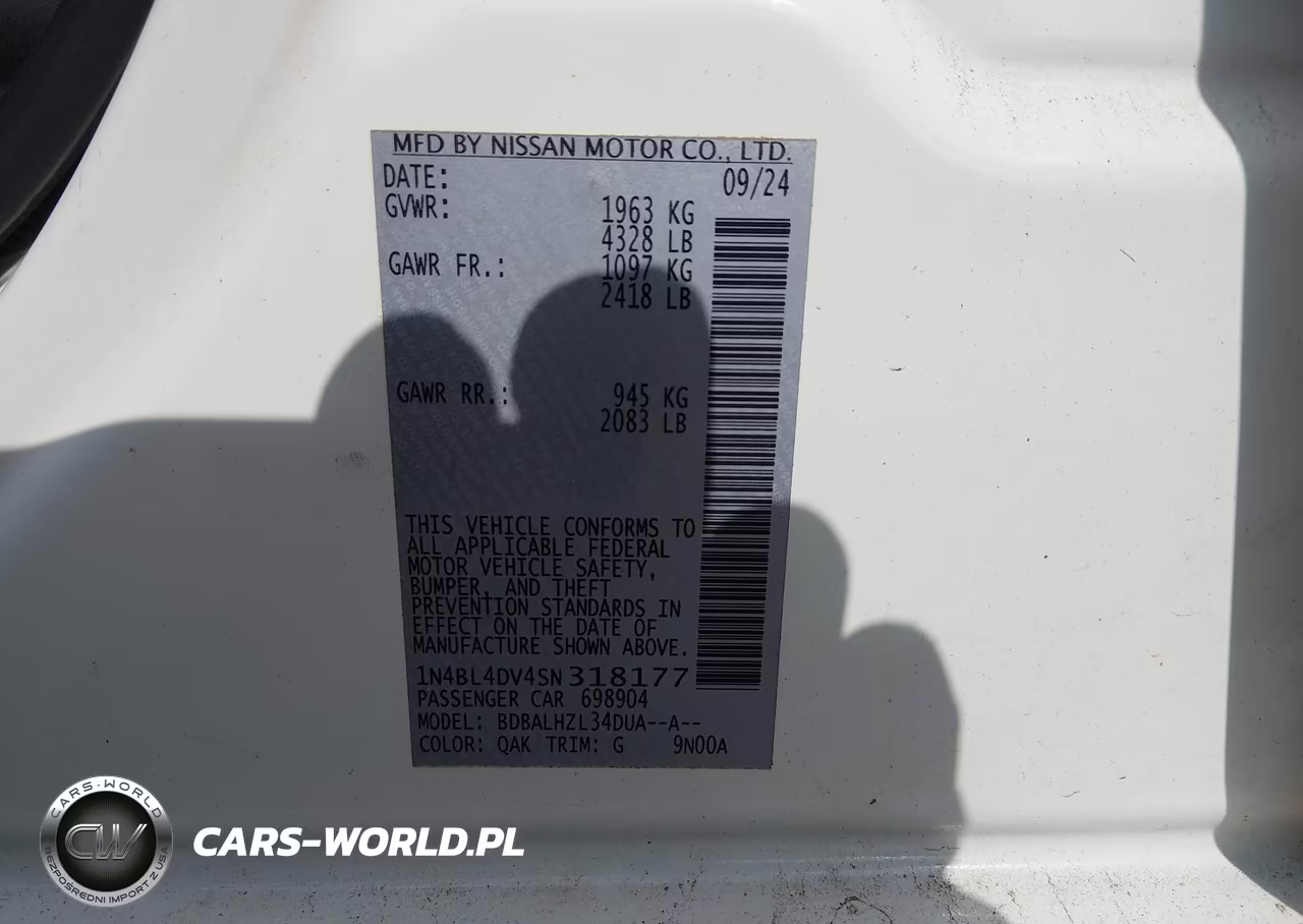 2025 Nissan Altima Sv VIN:1N4BL4DV4SN318177 - 9