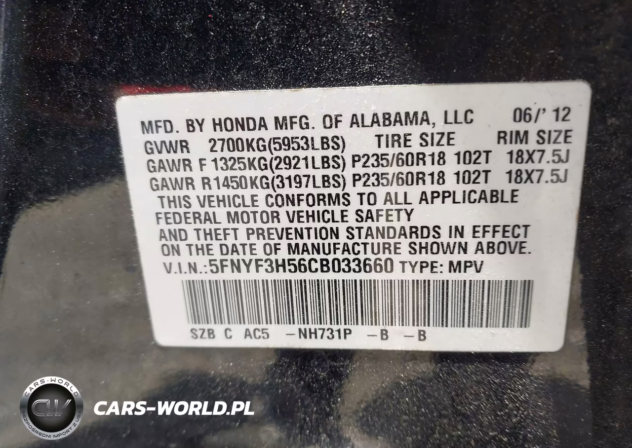 2012 Honda Pilot Ex-L VIN:5FNYF3H56CB033660 - 9