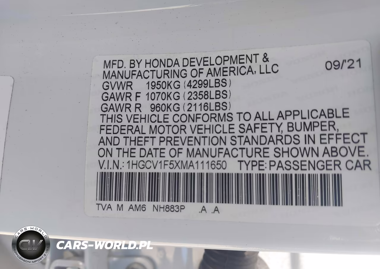 HONDA ACCORD EXL VIN:1HGCV1F5XMA111650 - 9