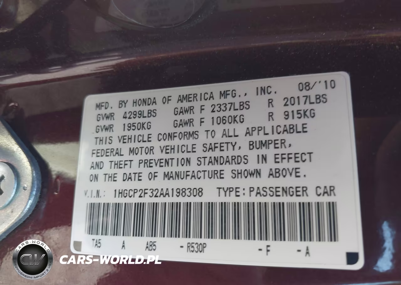 2010 Honda Accord 2.4 Lx VIN:1HGCP2F32AA198308 - 9
