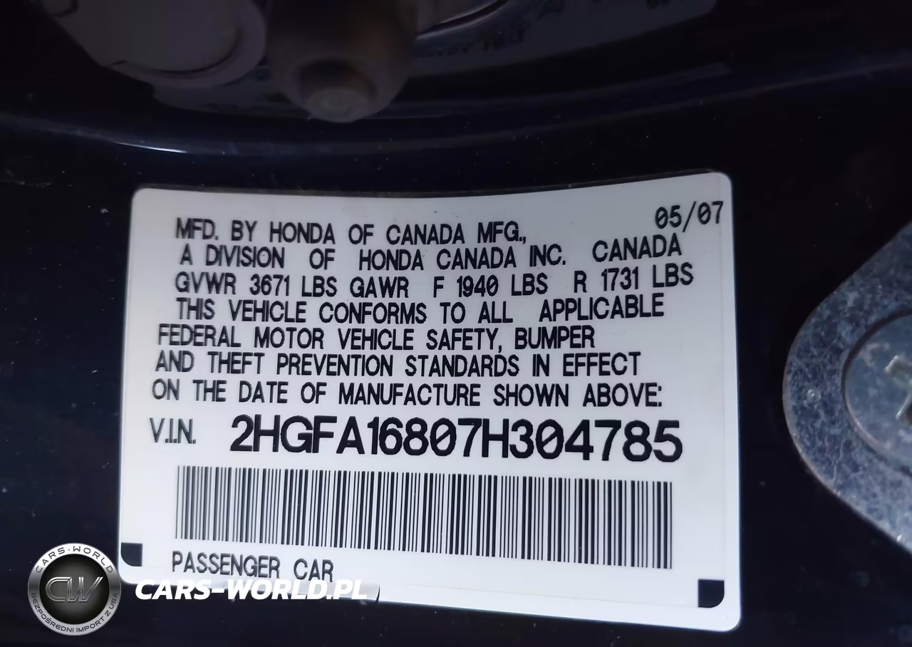 2007 Honda Civic Ex VIN:2HGFA16807H304785 - 9