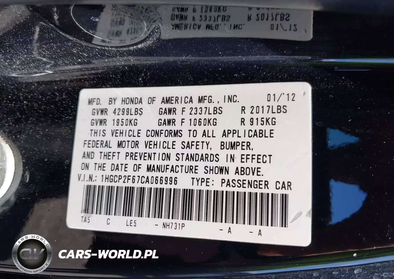 2012 Honda Accord 2.4 Se VIN:1HGCP2F67CA066996 - 9