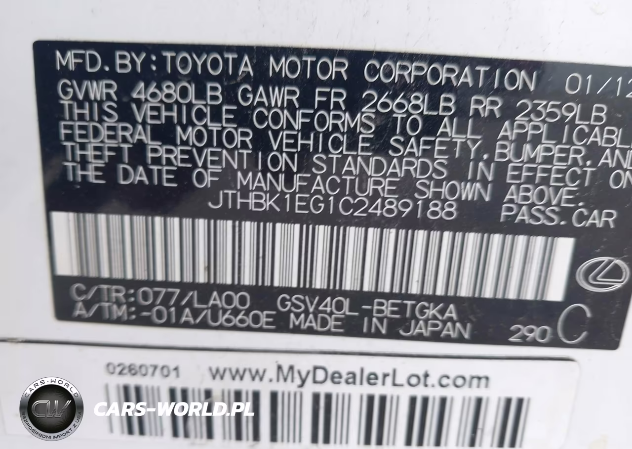 2012 Lexus Es 350 VIN:JTHBK1EG1C2489188 - 9