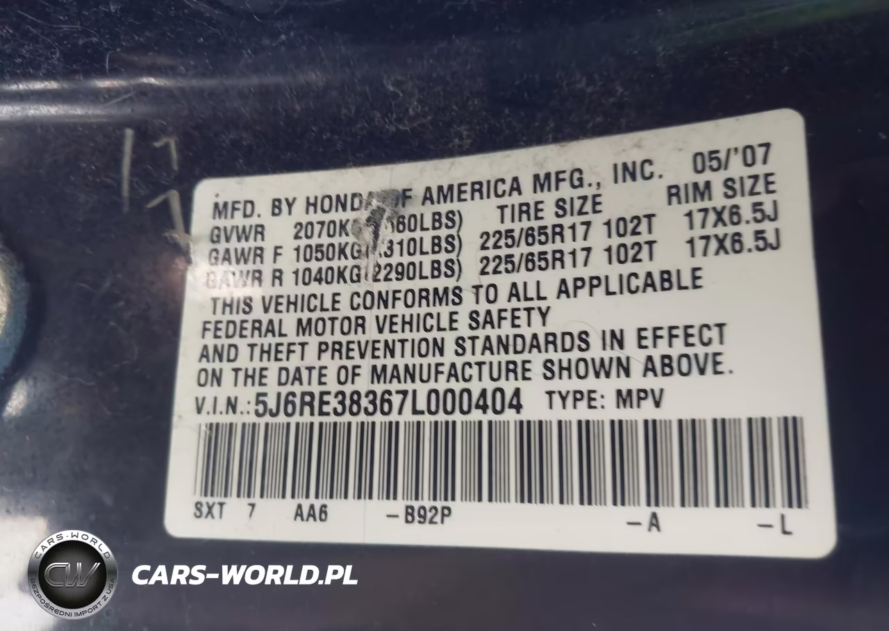 2007 Honda Cr-V Lx VIN:5J6RE38367L000404 - 9