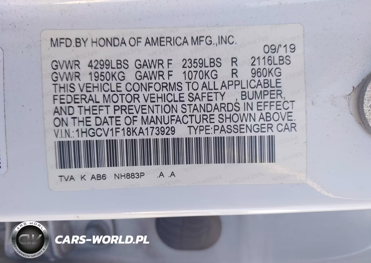 2019 Honda Accord Lx VIN:1HGCV1F18KA173929 - 9