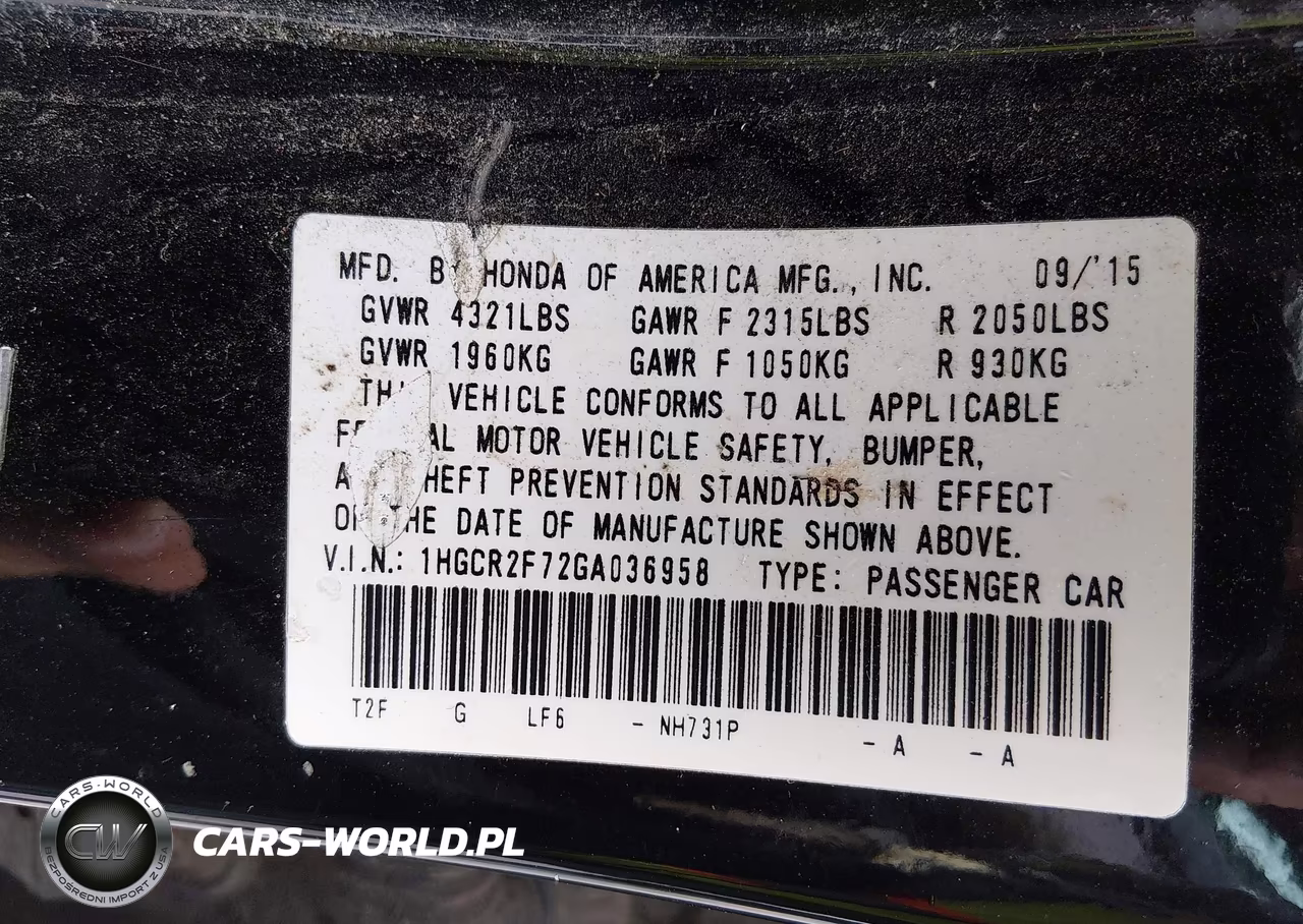 2016 Honda Accord Ex VIN:1HGCR2F72GA036958 - 9