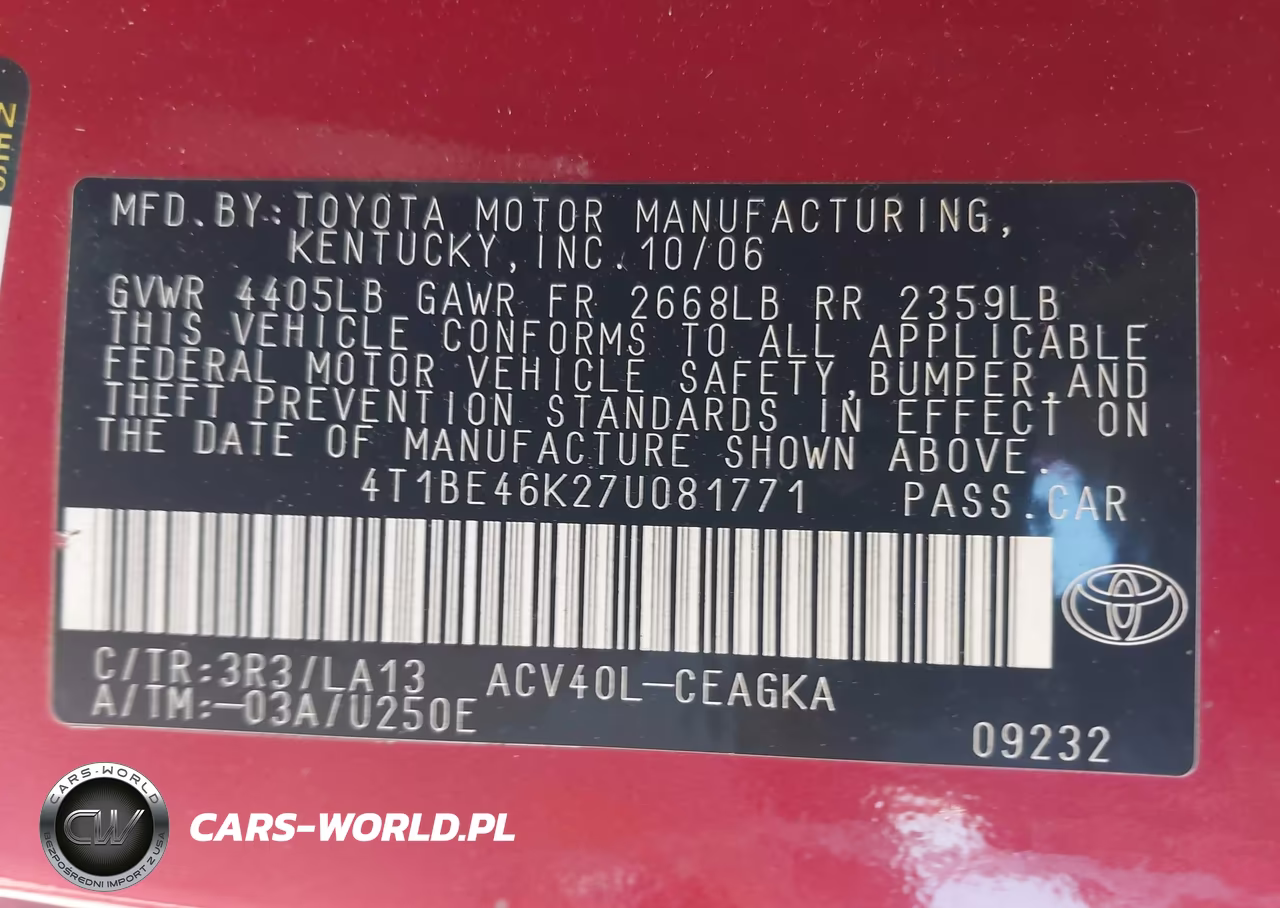 2007 Toyota Camry Xle VIN:4T1BE46K27U081771 - 9