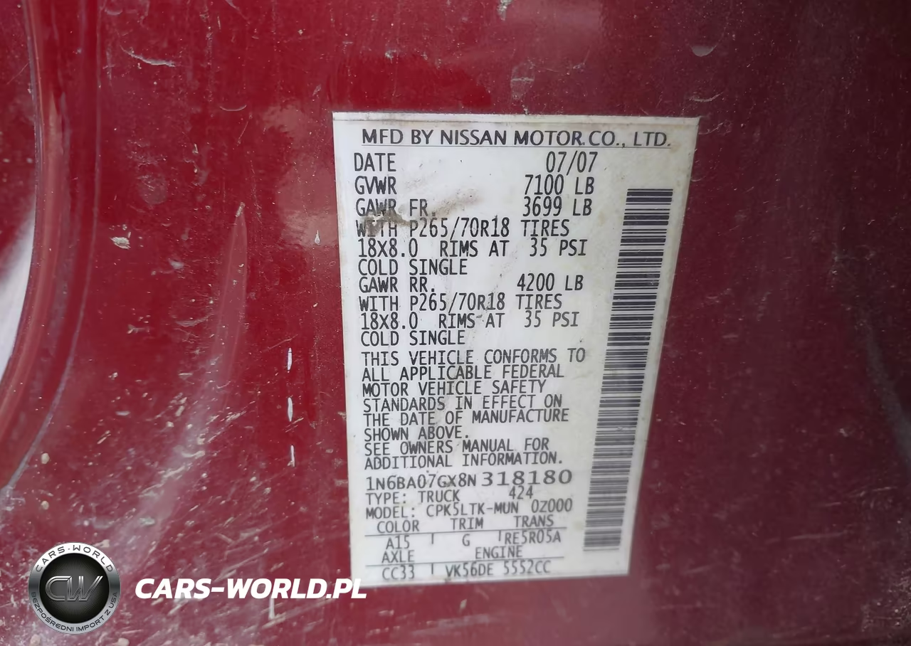 2008 Nissan Titan Se VIN:1N6BA07GX8N318180 - 9