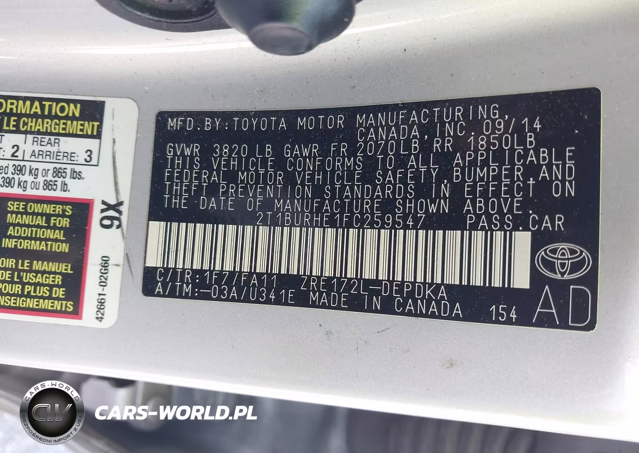 2015 Toyota Corolla L VIN:2T1BURHE1FC259547 - 9