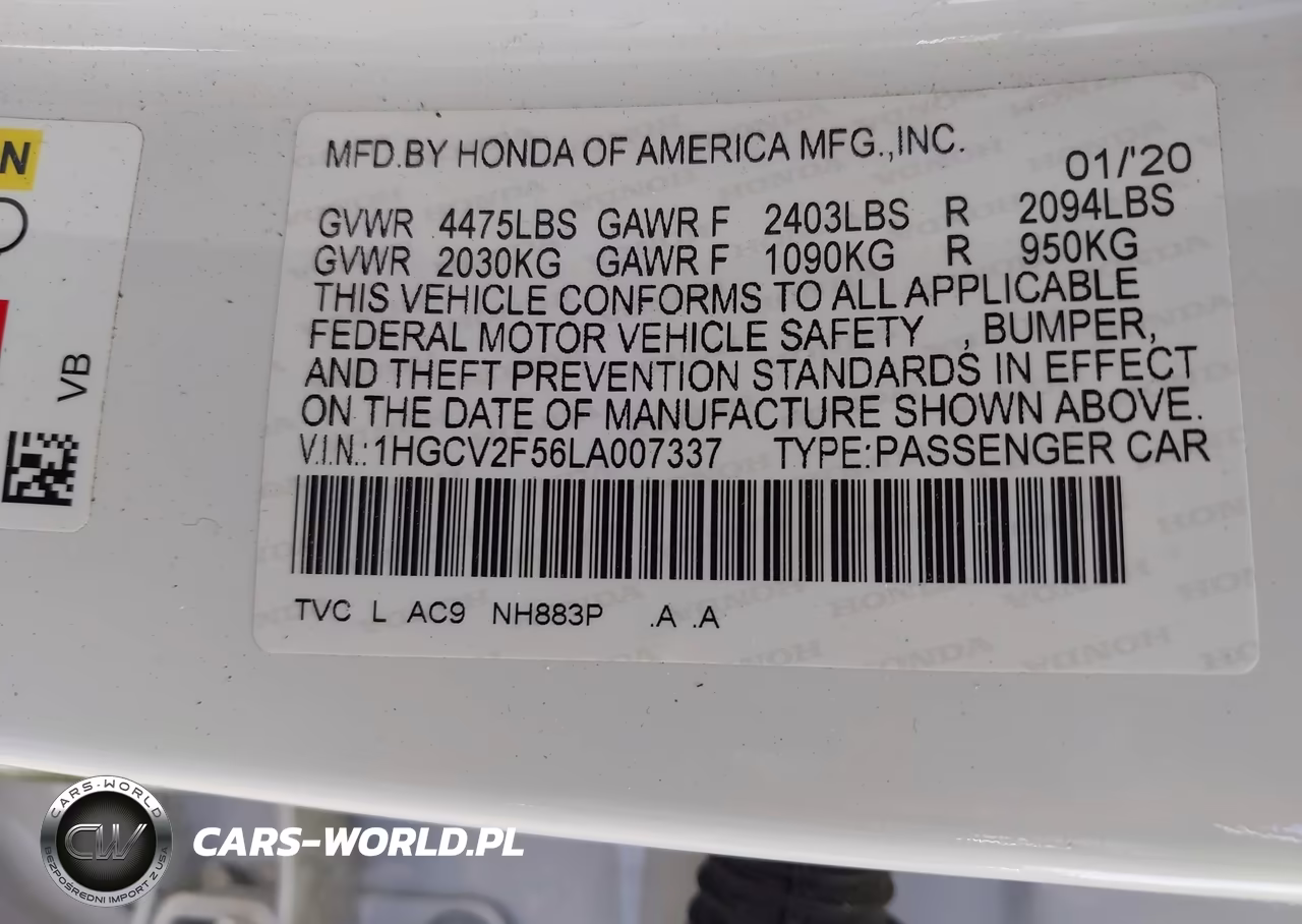 2020 Honda Accord Ex-L 2.0T VIN:1HGCV2F56LA007337 - 9