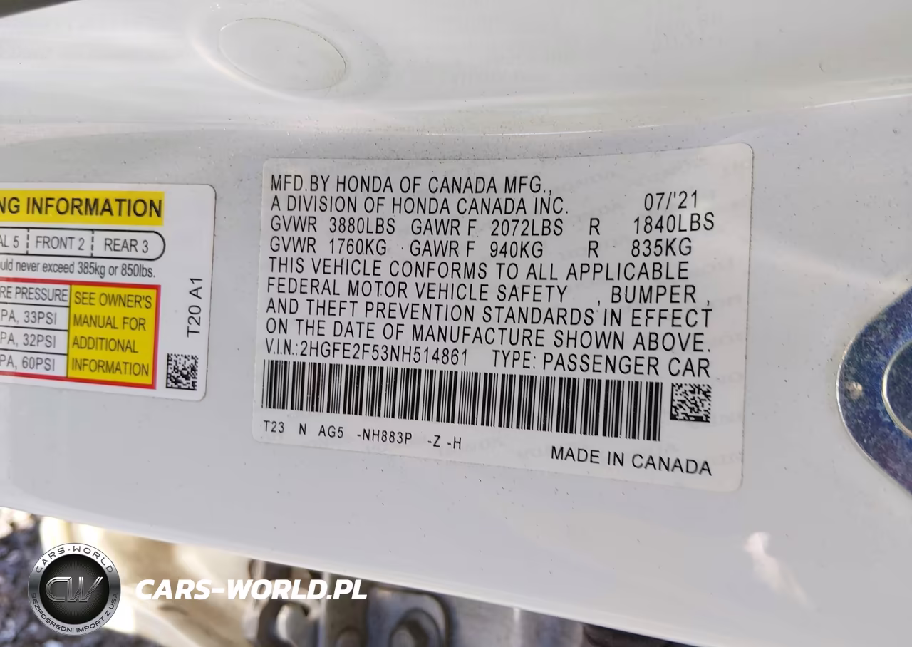 2022 Honda Civic Sport VIN:2HGFE2F53NH514861 - 9