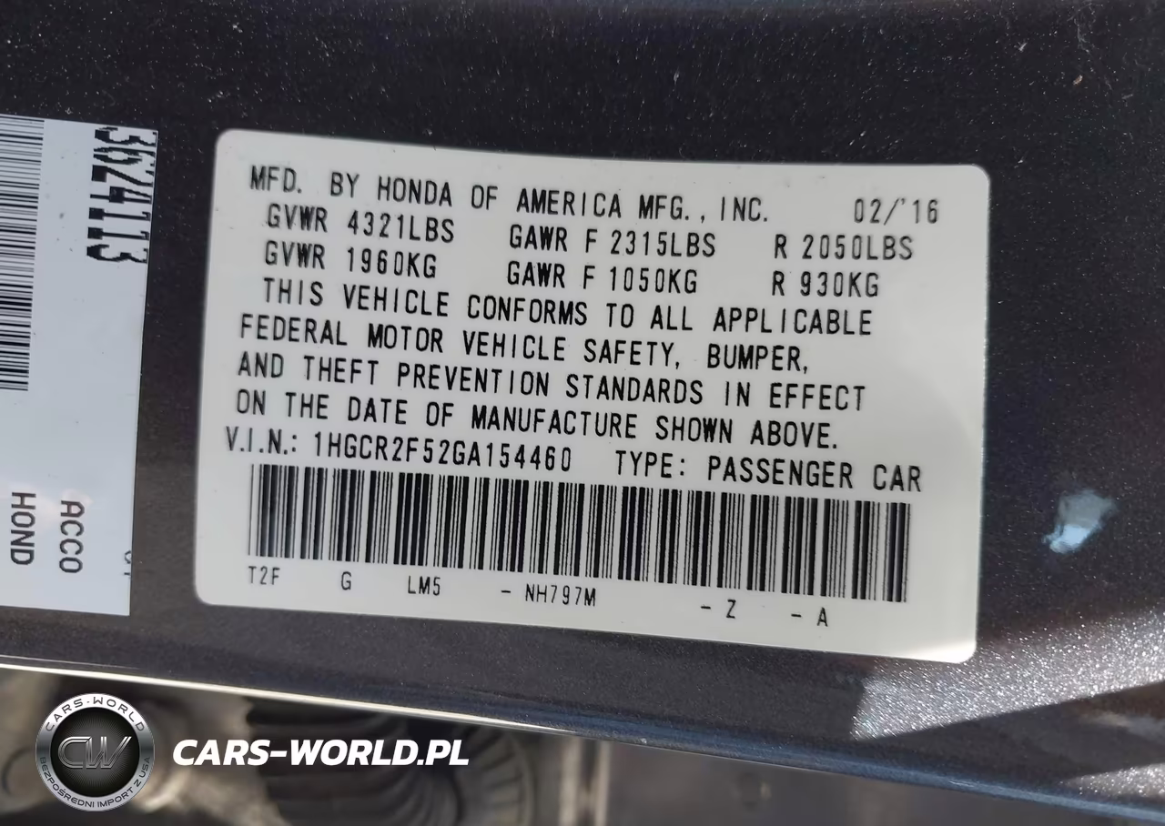 2016 Honda Accord Sport VIN:1HGCR2F52GA154460 - 9