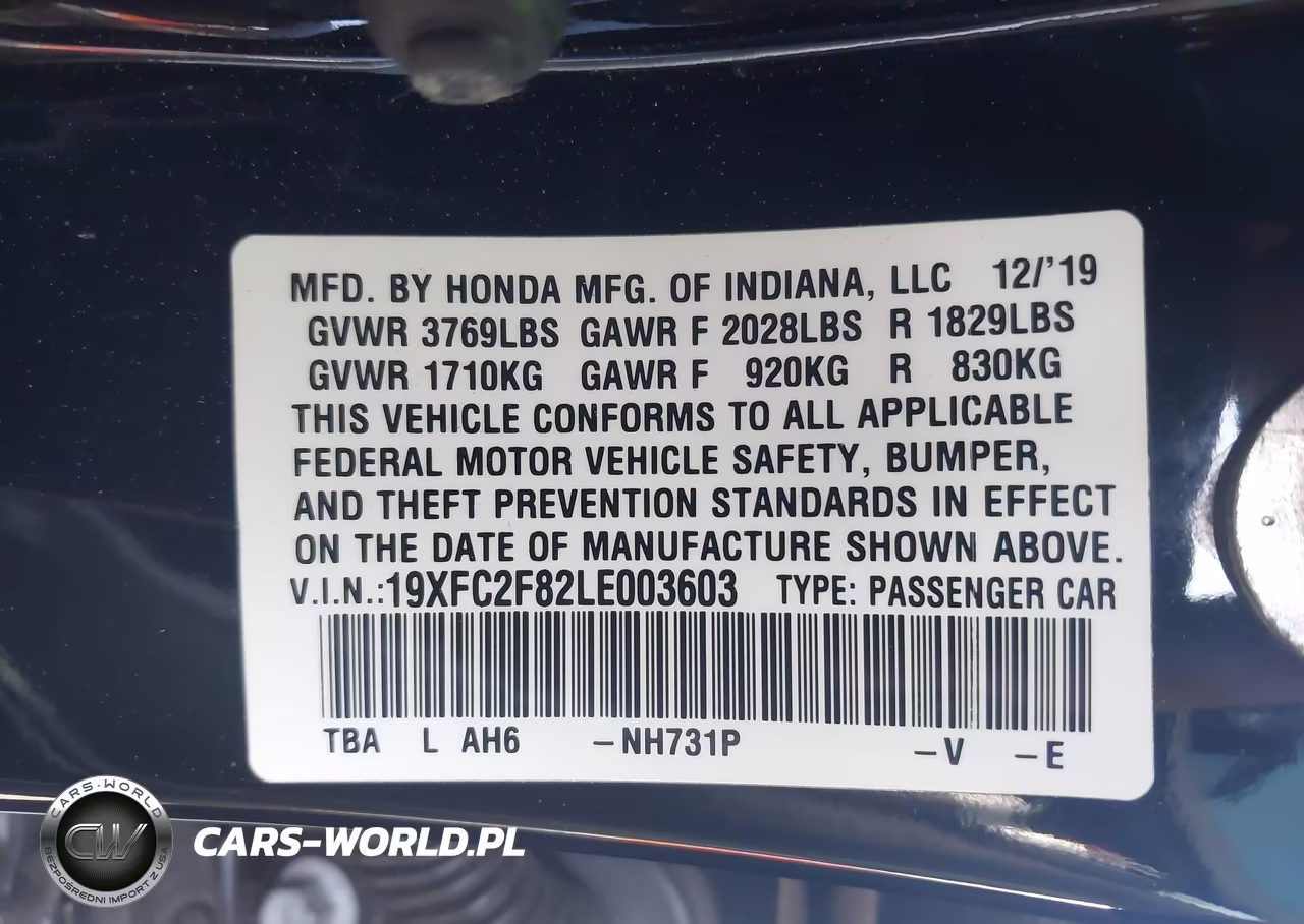 2020 Honda Civic Sport VIN:19XFC2F82LE003603 - 9