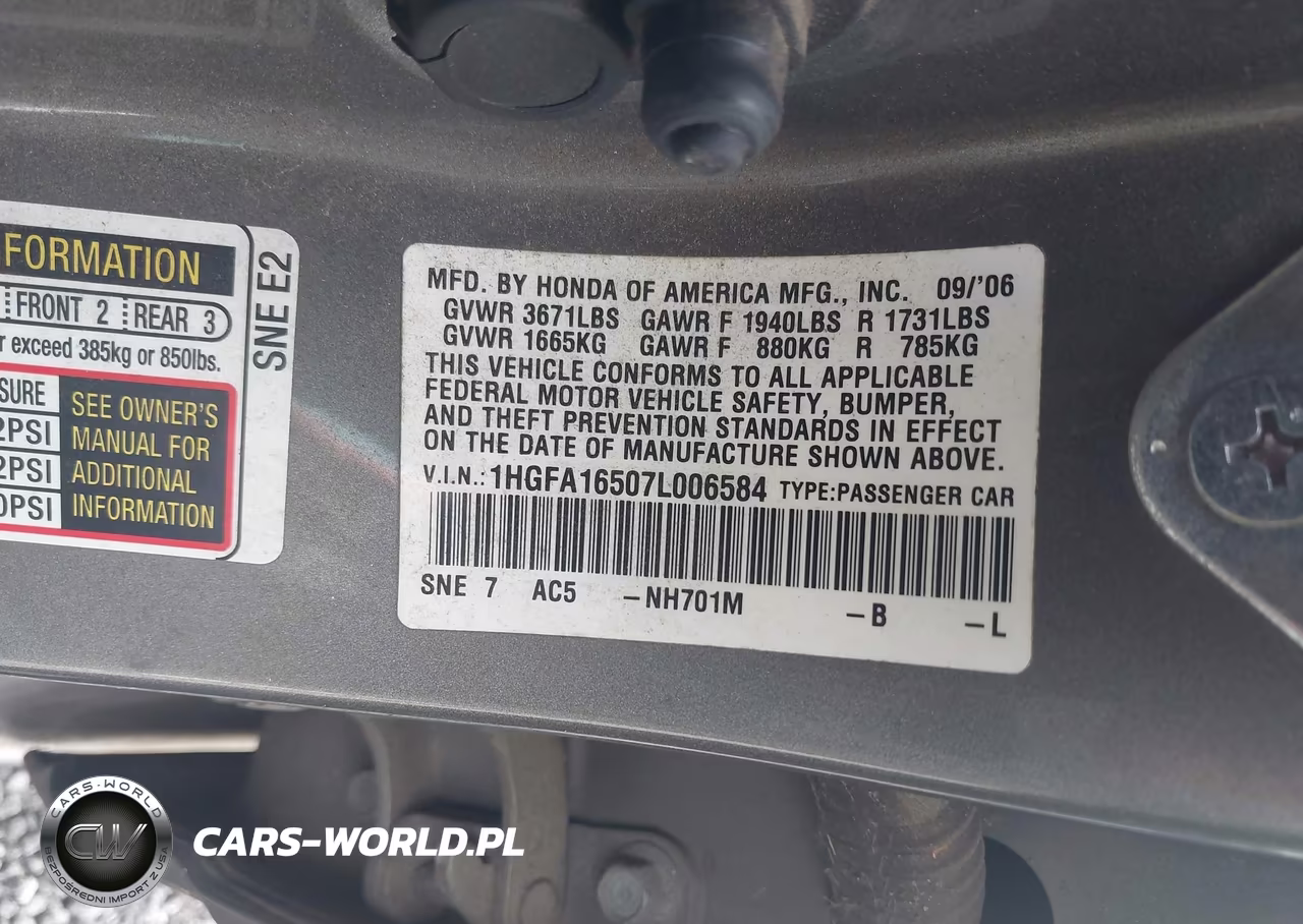 2007 Honda Civic Lx VIN:1HGFA16507L006584 - 9