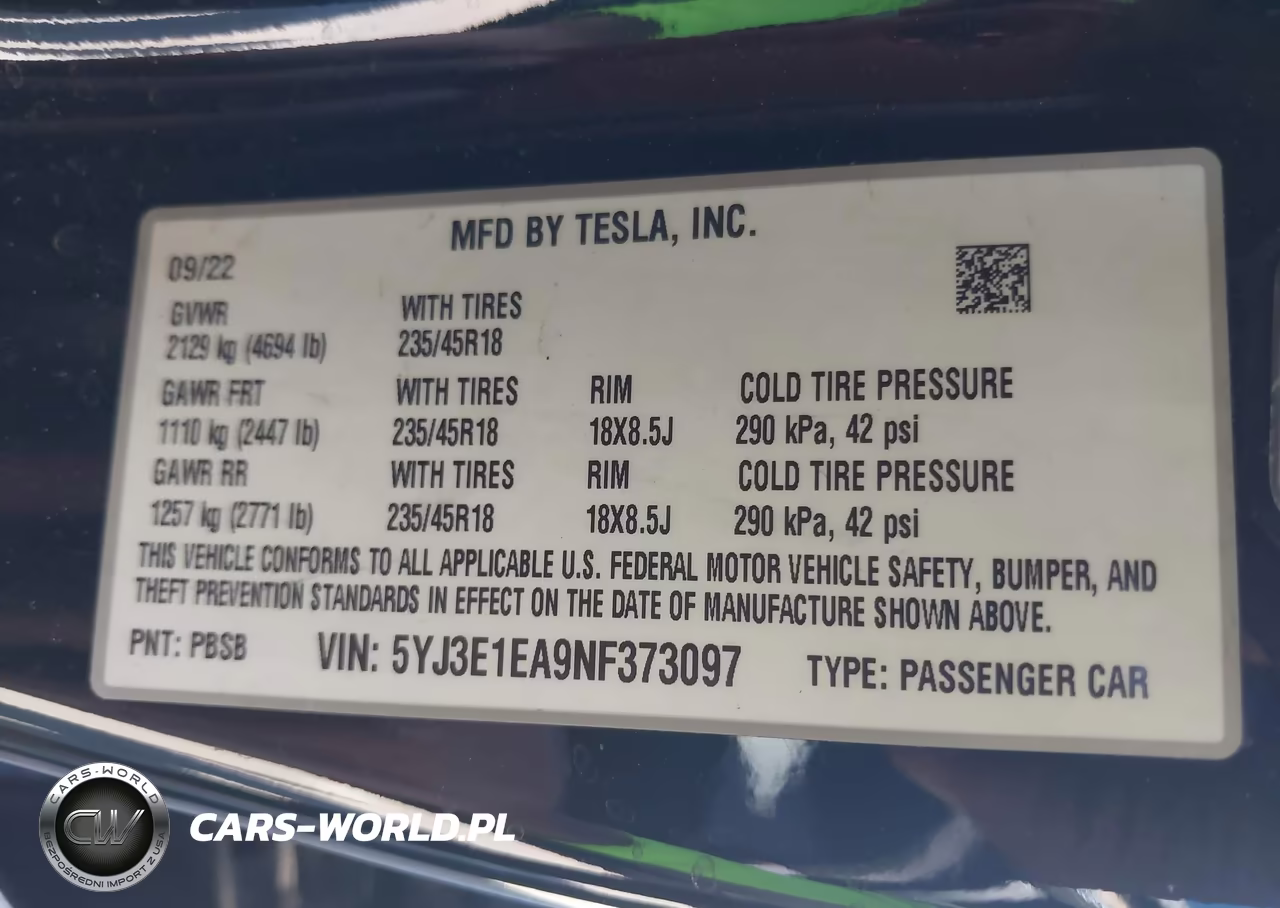 2022 Tesla Model 3 Rear-Wheel Drive VIN:5YJ3E1EA9NF373097 - 9