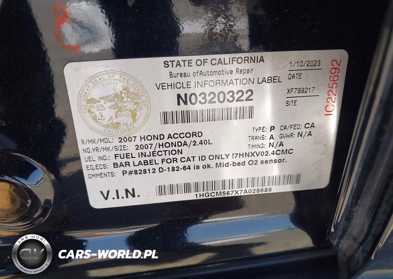 2007 Honda Accord 2.4 Ex VIN:1HGCM567X7A028686 - 9