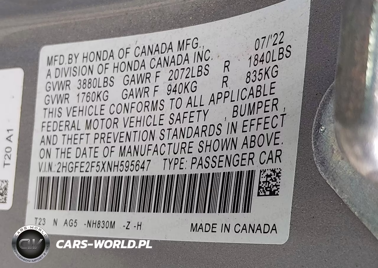 2022 Honda Civic Sport VIN:2HGFE2F5XNH595647 - 9
