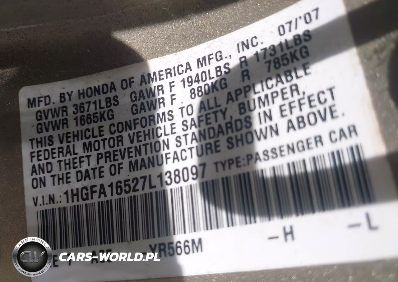2007 Honda Civic Lx VIN:1HGFA16527L138097 - 9