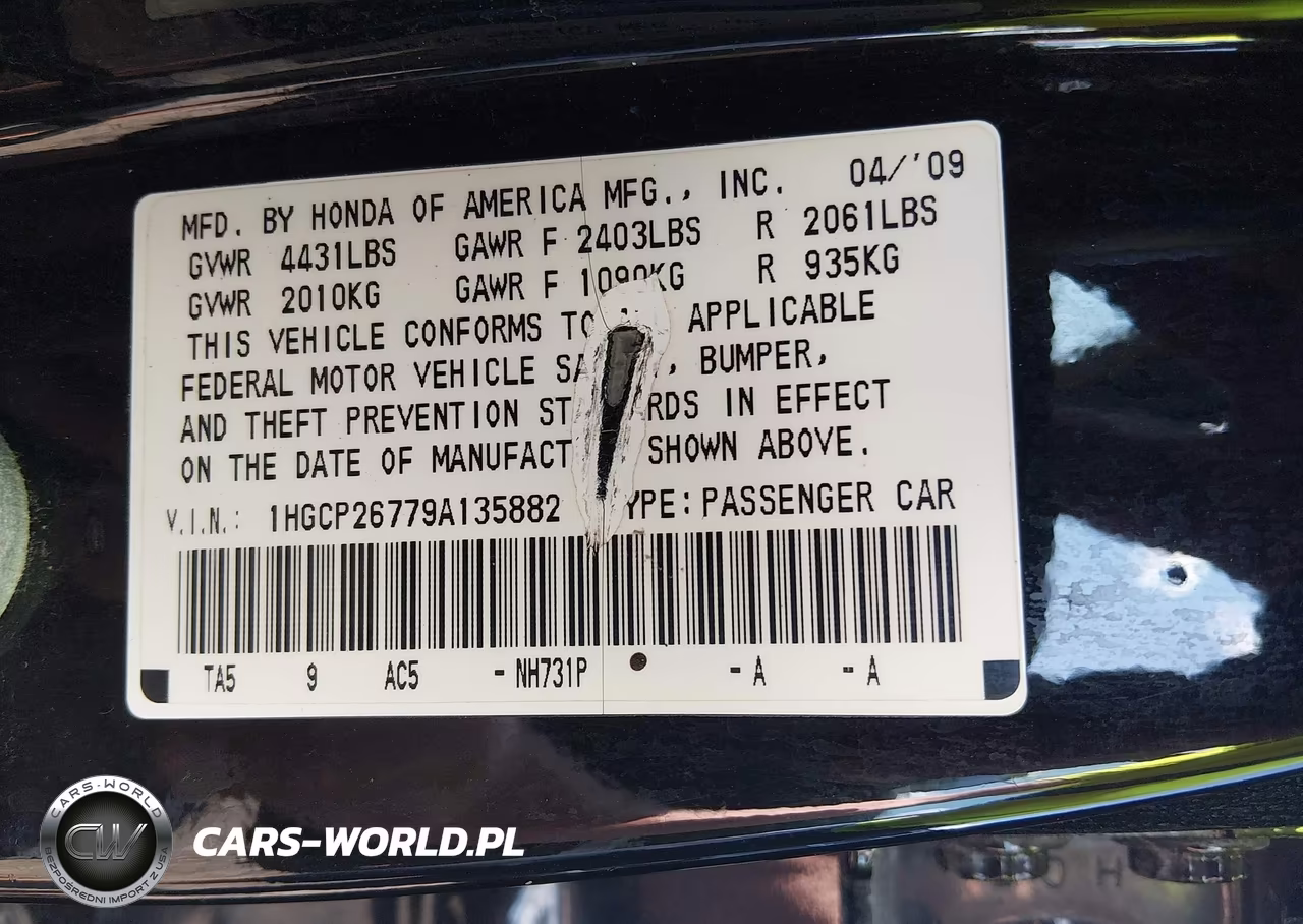 2009 Honda Accord 2.4 Ex VIN:1HGCP26779A135882 - 9