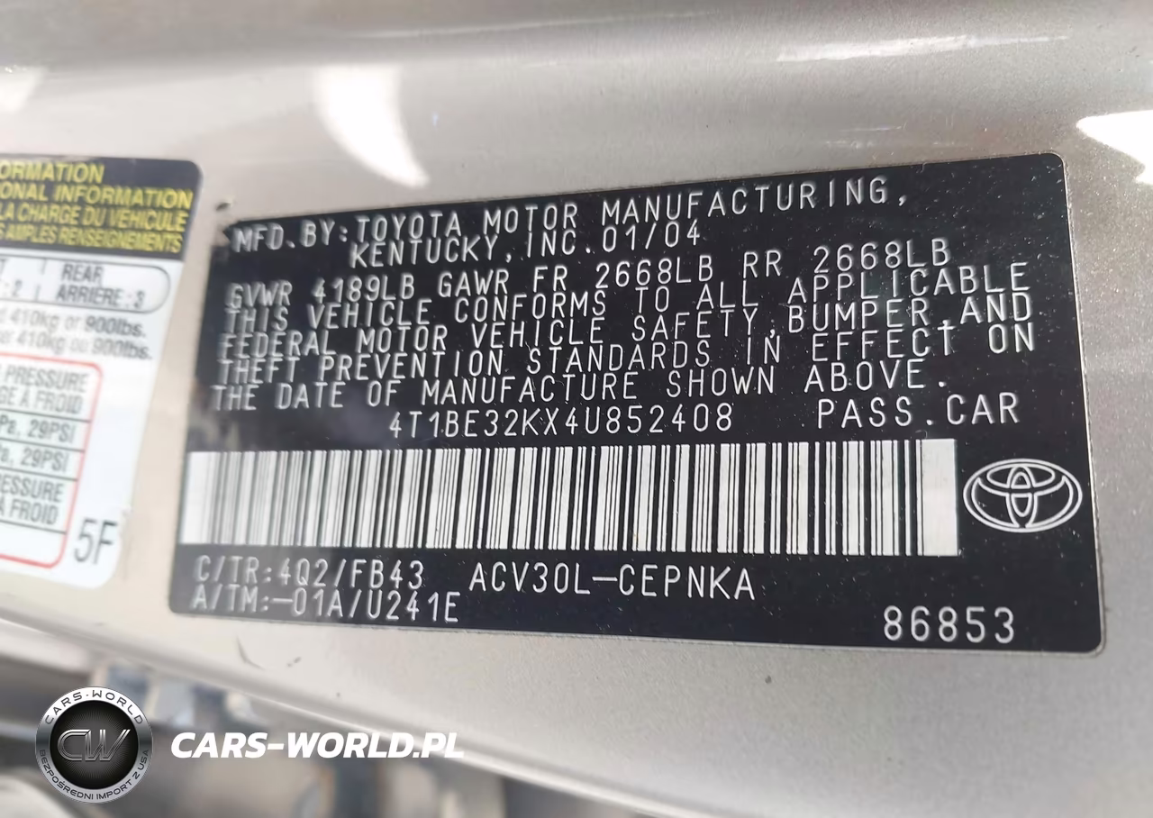 2004 Toyota Camry Le VIN:4T1BE32KX4U852408 - 9