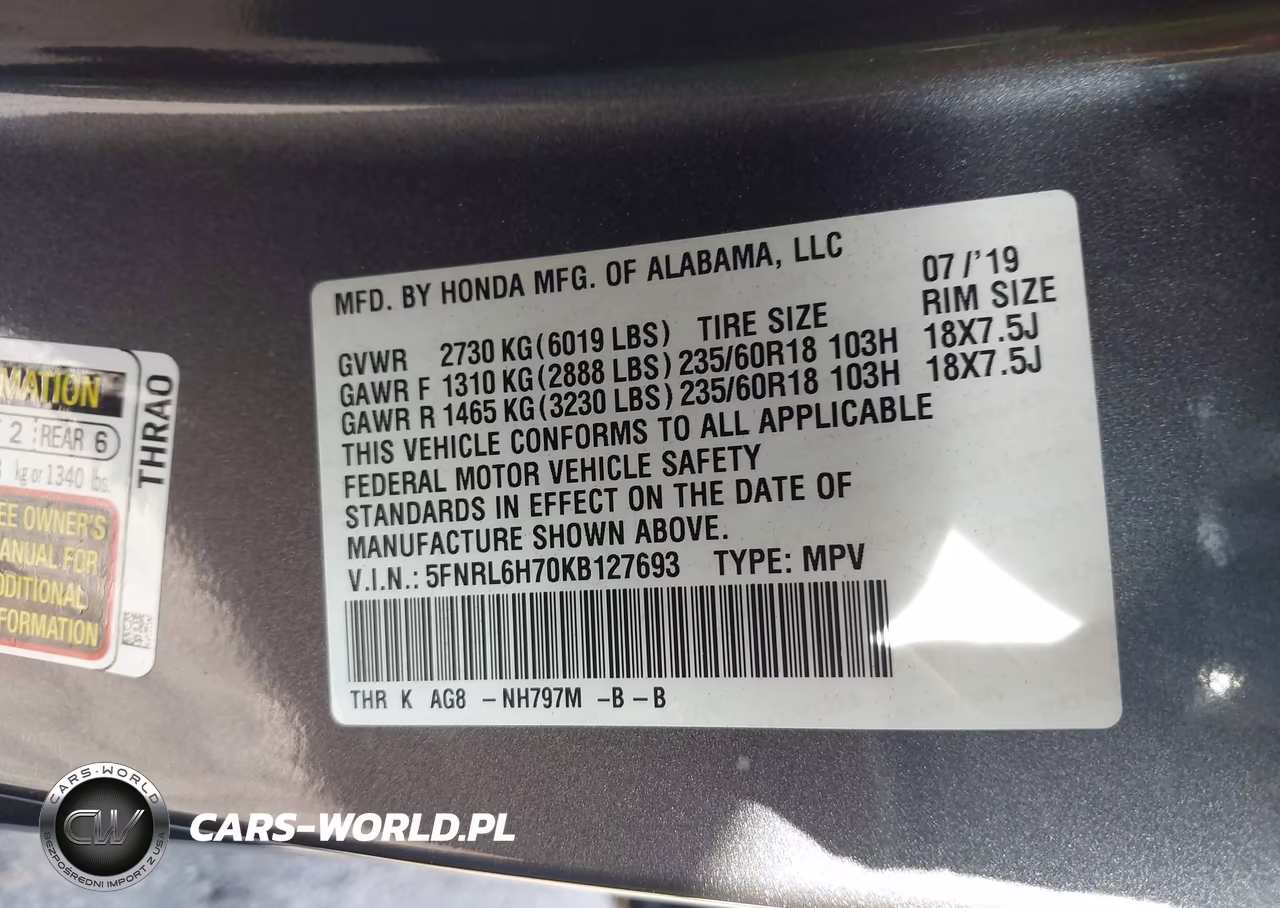 2019 Honda Odyssey Ex-L VIN:5FNRL6H70KB127693 - 9