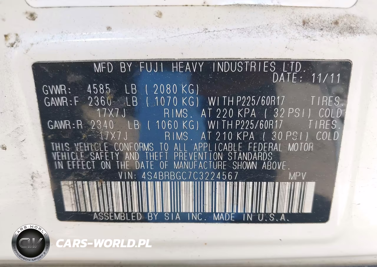 2012 Subaru Outback 2.5I Premium VIN:4S4BRBGC7C3224567 - 9