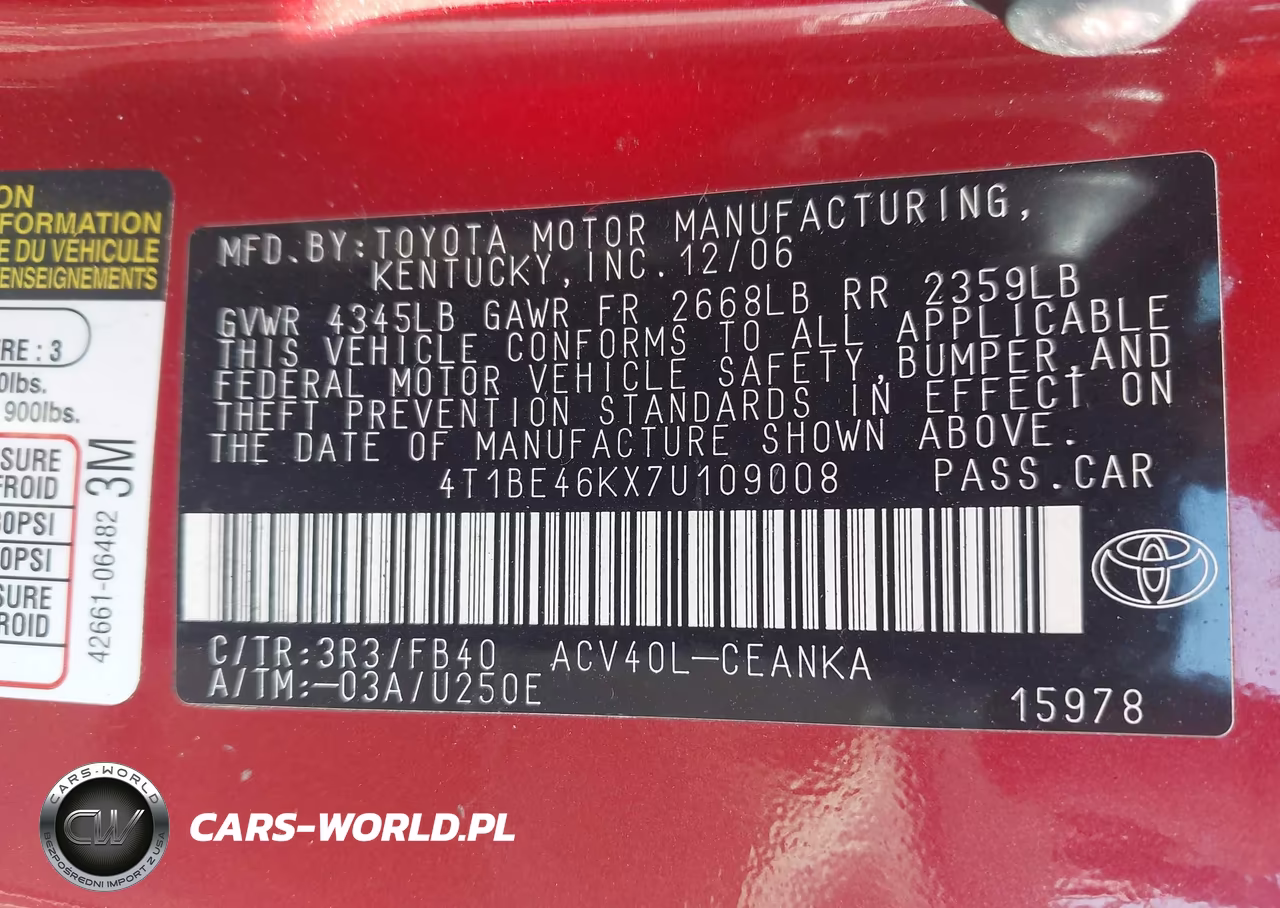 2007 Toyota Camry Le VIN:4T1BE46KX7U109008 - 9