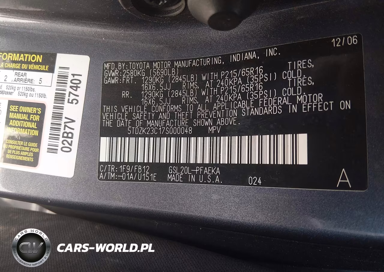2007 Toyota Sienna Ce VIN:5TDZK23C17S000048 - 9