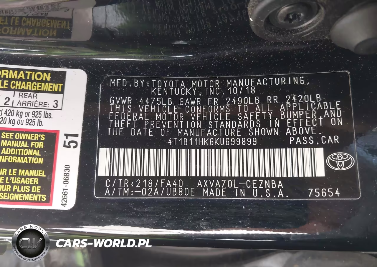 2019 Toyota Camry Le VIN:4T1B11HK6KU699899 - 9