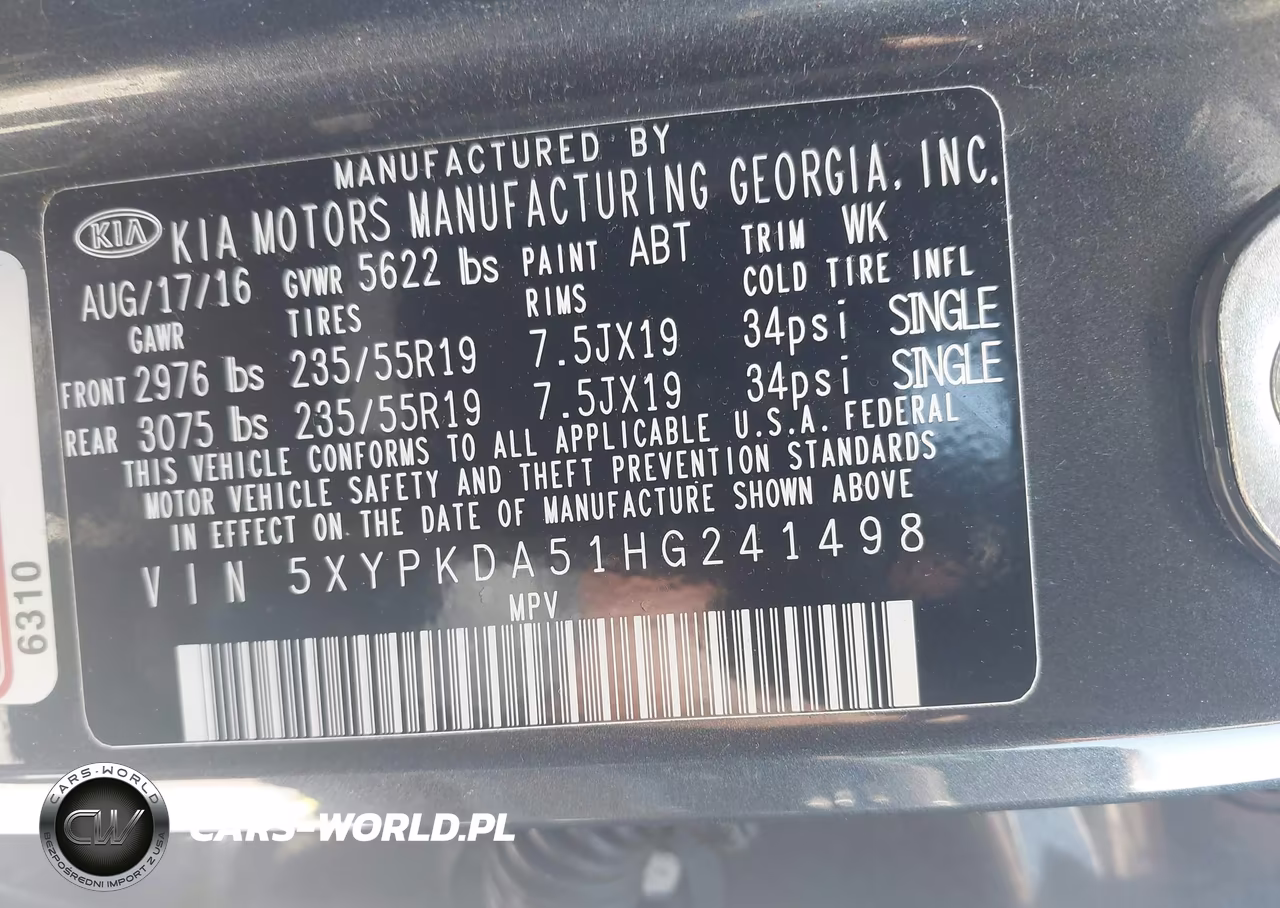 2017 Kia Sorento 3.3L Sxl VIN:5XYPKDA51HG241498 - 9