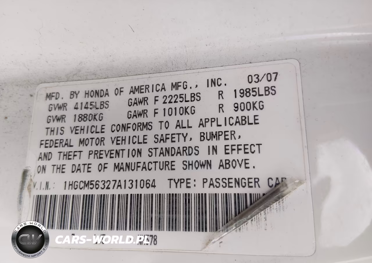 2007 Honda Accord 2.4 Se VIN:1HGCM56327A131064 - 9
