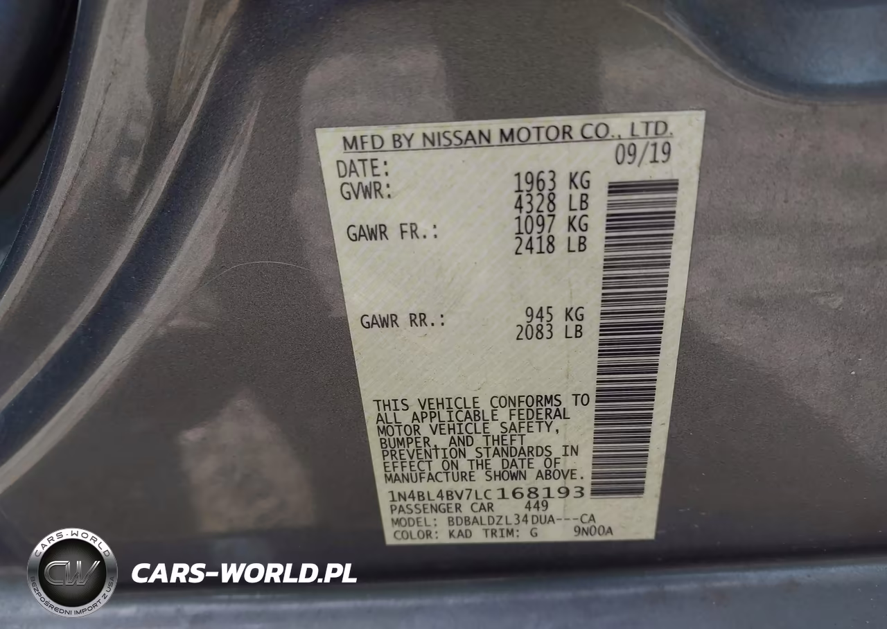 2020 Nissan Altima S Fwd VIN:1N4BL4BV7LC168193 - 9