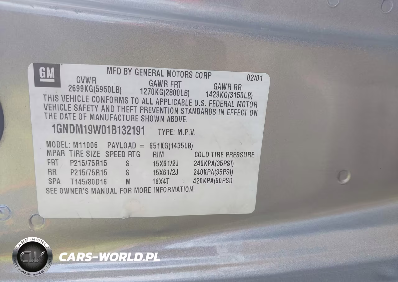 2001 Chevrolet Astro Ls VIN:1GNDM19W01B132191 - 9