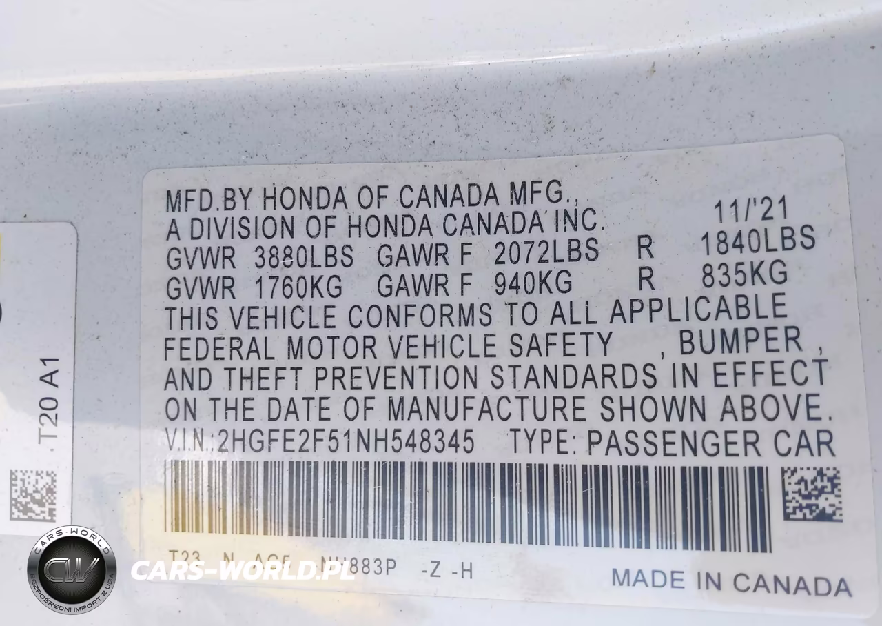 2022 Honda Civic Sport VIN:2HGFE2F51NH548345 - 9