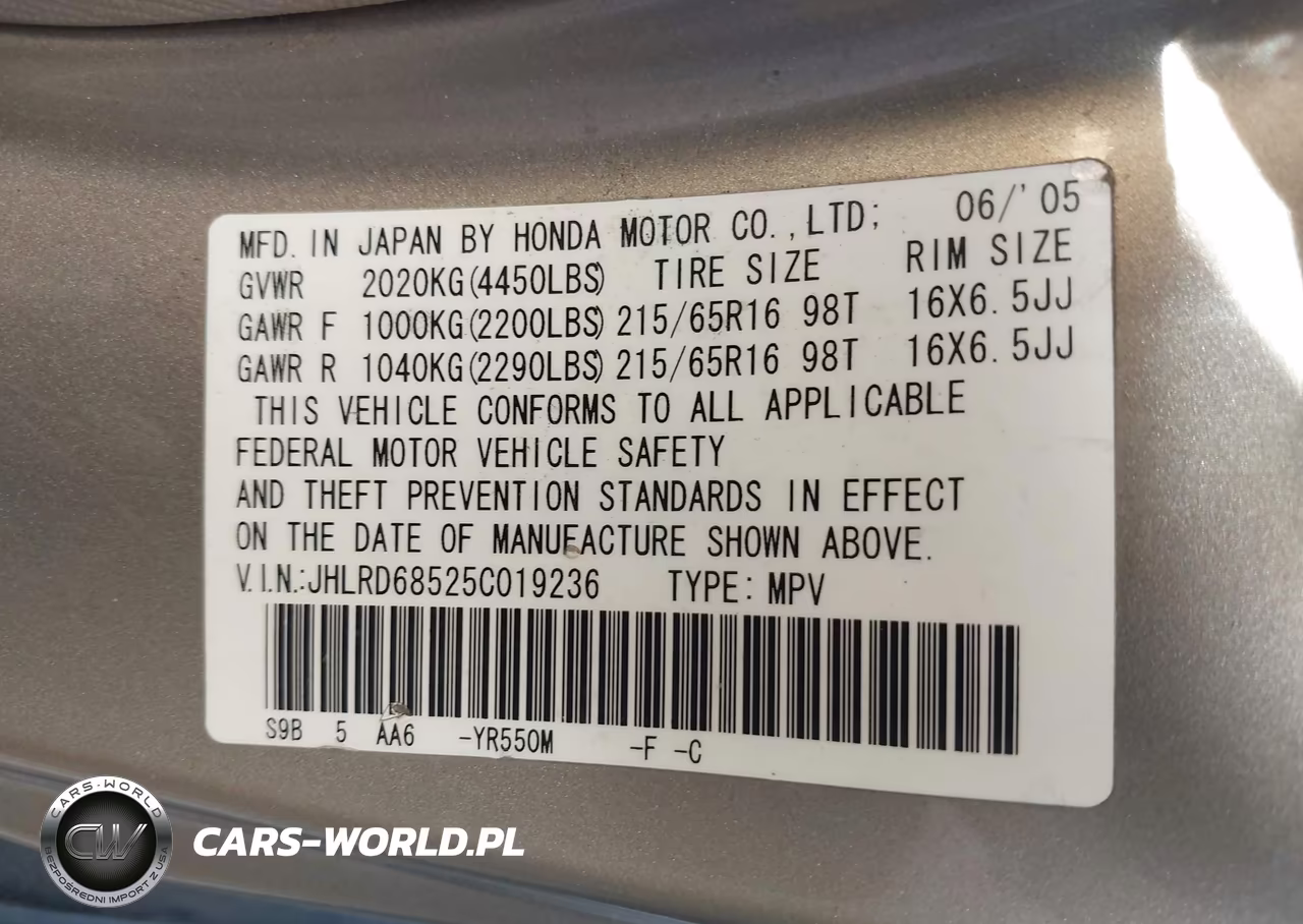 2005 Honda Cr-V Lx VIN:JHLRD68525C019236 - 9