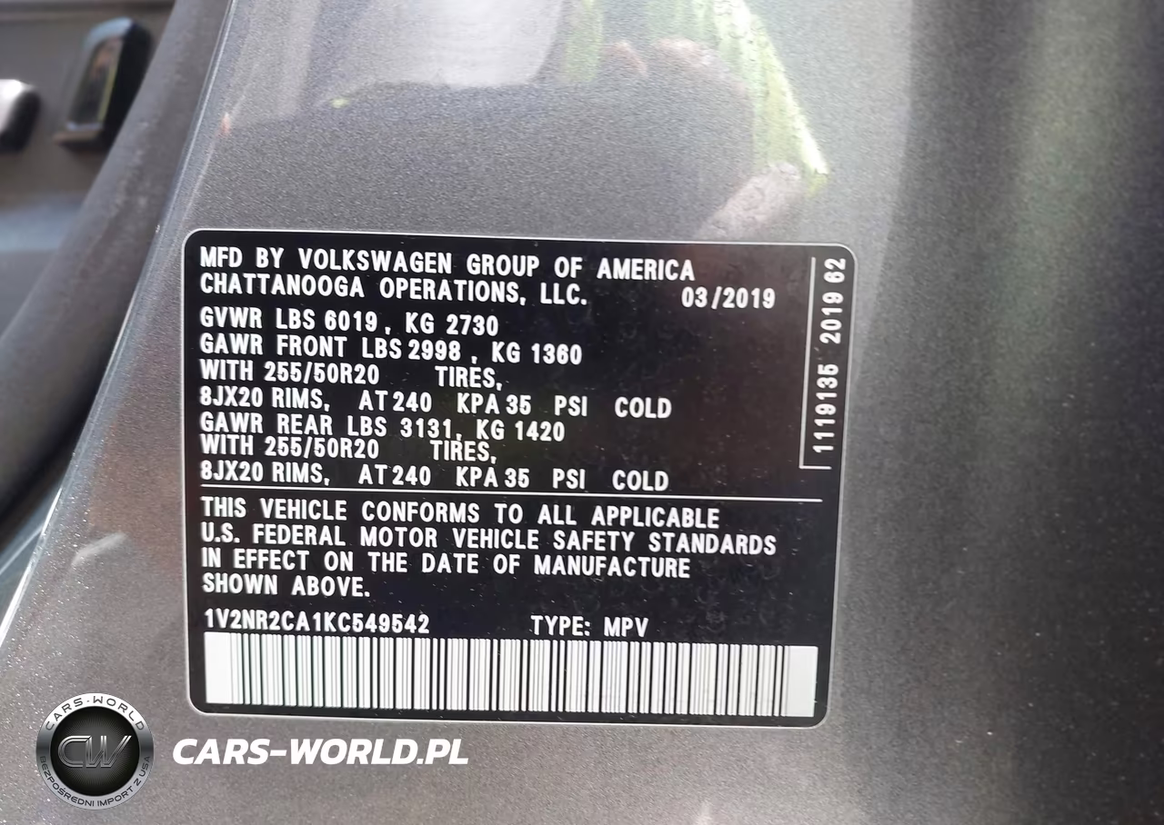 2019 Volkswagen Atlas 3.6L V6 Sel Premium VIN:1V2NR2CA1KC549542 - 9