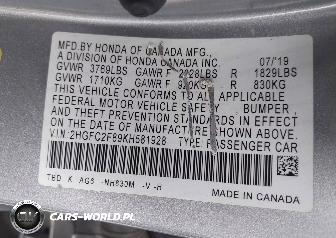2019 Honda Civic Sport VIN:2HGFC2F89KH581928 - 9