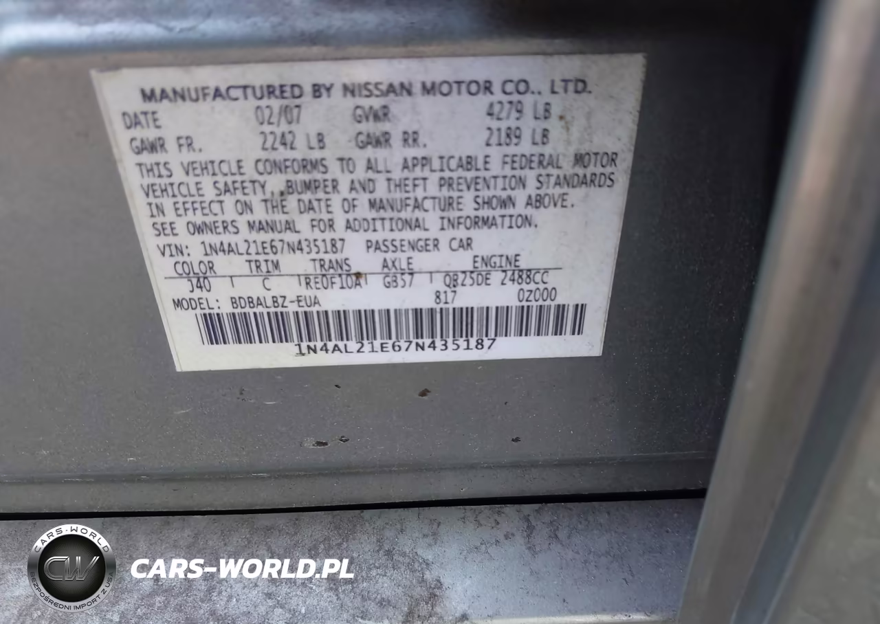 2007 Nissan Altima 2.5 S VIN:1N4AL21E67N435187 - 9