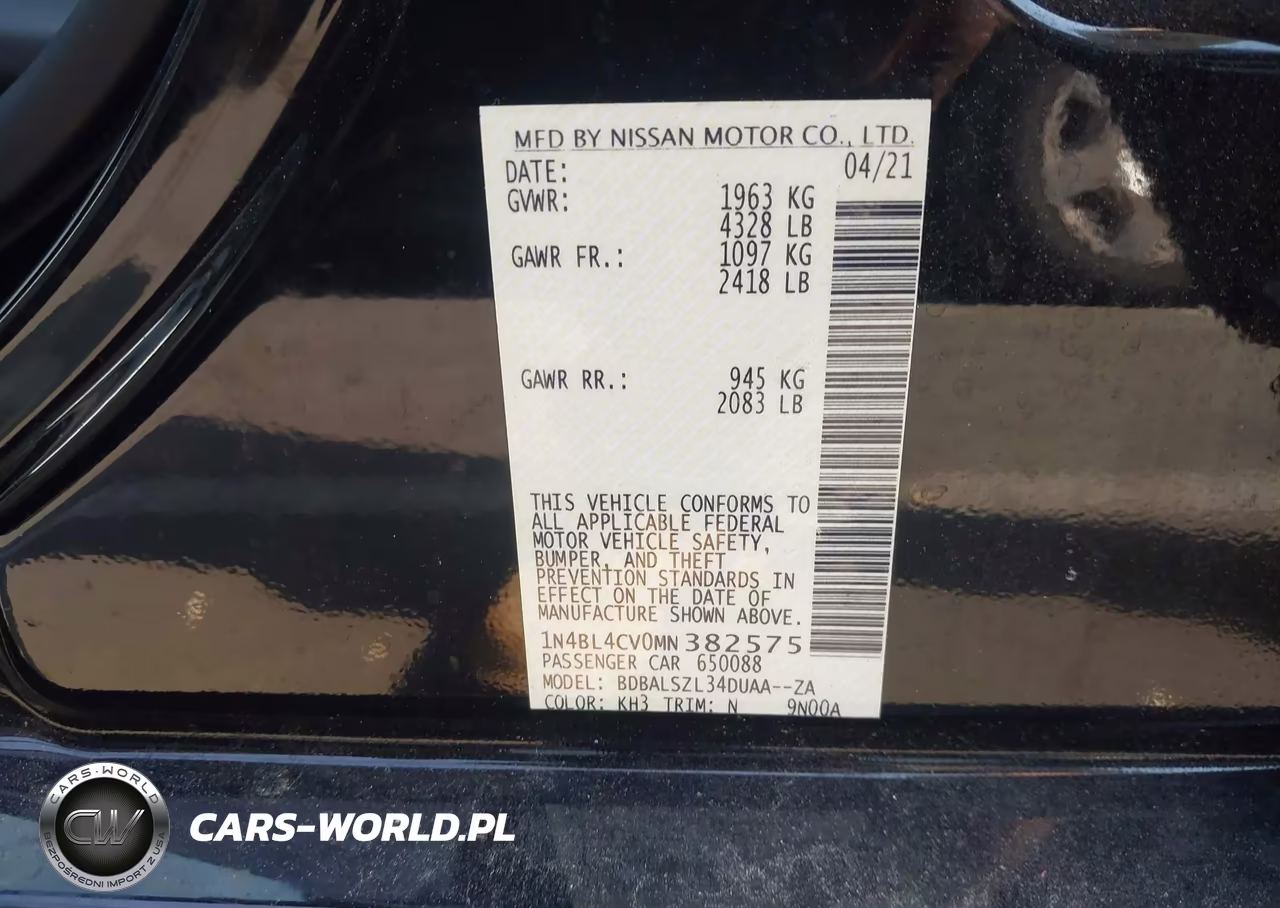2021 Nissan Altima Sr Fwd VIN:1N4BL4CV0MN382575 - 9
