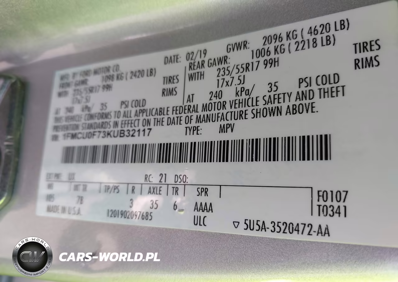 2019 Ford Escape S VIN:1FMCU0F73KUB32117 - 9