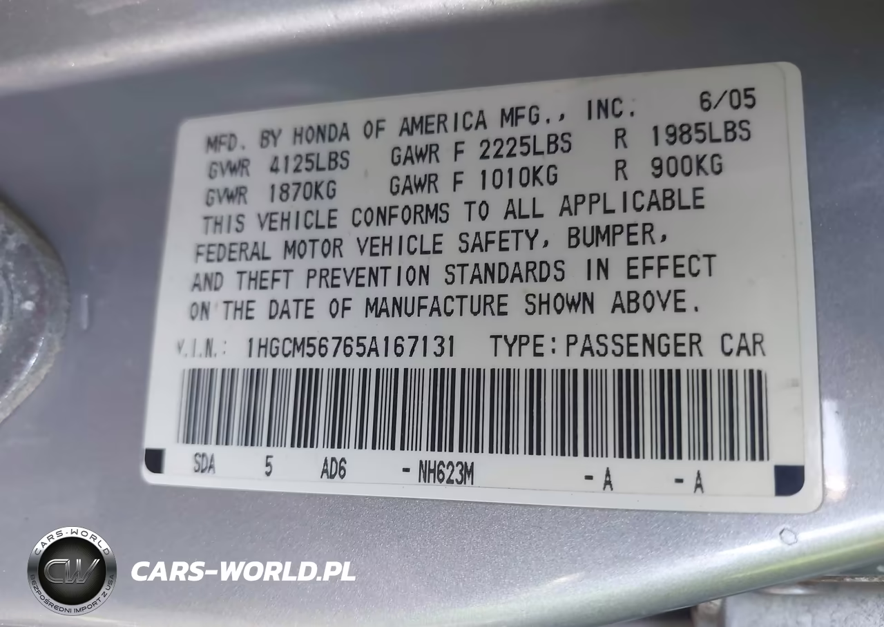 2005 Honda Accord 2.4 Ex VIN:1HGCM56765A167131 - 9